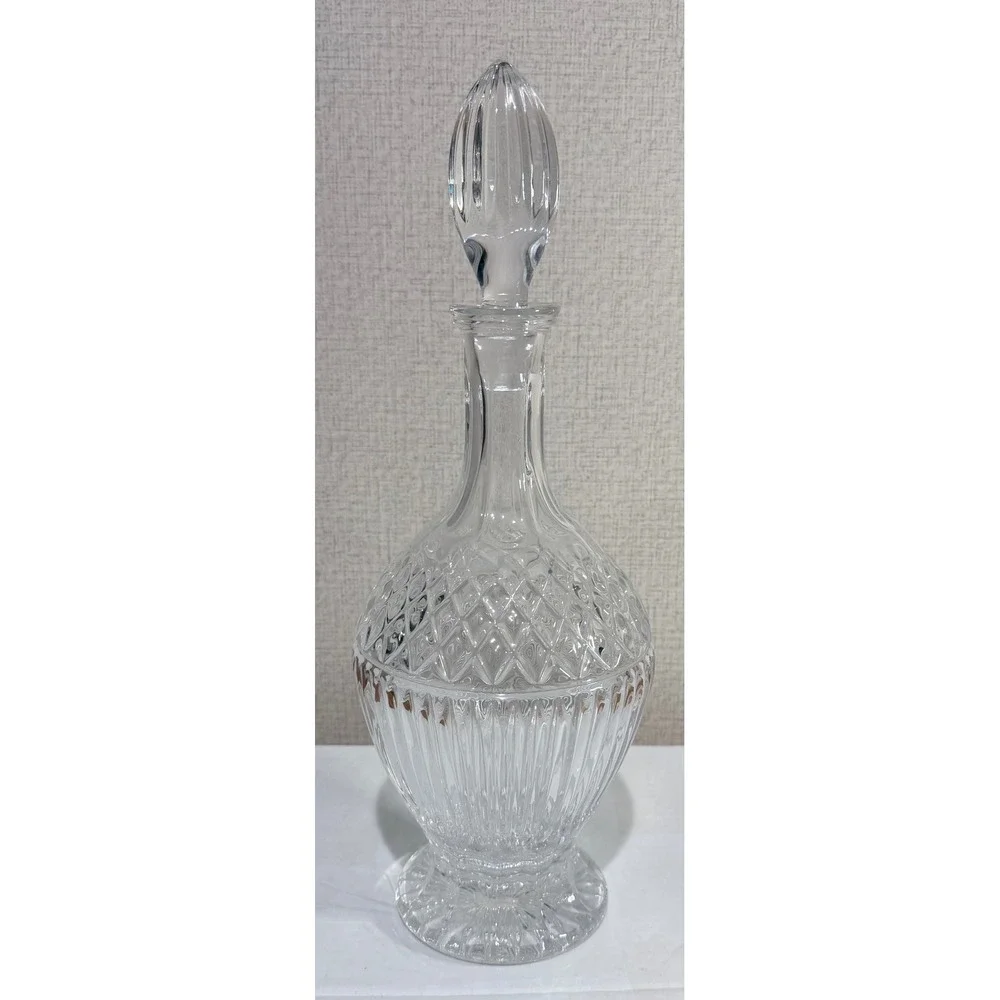 Vintage Lead Crystal Decanter with Teardrop Stopper Diamond Wedge Cut 15 inch